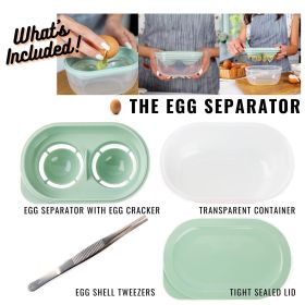 4 In 1 Egg Separator Set Double Egg White Separator With Built In Egg Cracker Food Container Plus Lid and Egg Shell Tweezer Green Color