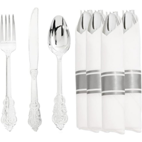 WDF Silver Plastic Silverware with Pre Rolled Napkins-90PCS Silver Disposable Cutlery