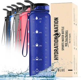 Hydration Nation Water Bottle With Time Marker (Color: BLU, size: 32OZ)