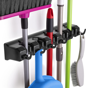 Wall Mount Mop and Broom Organizer (Color: LTBLK)