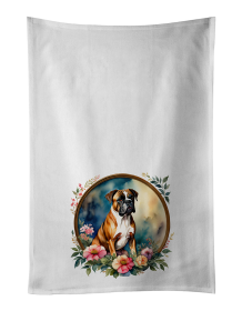 Boxer and Flowers Kitchen Towel Set of 2 (Color: 194030794654)