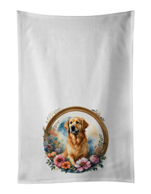 Golden Retriever and Flowers Kitchen Towel Set of 2 (Color: 194030795118)