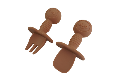 Mini Fork + Spoon Silicone Utensil Set (Color: Terracotta - Mini)