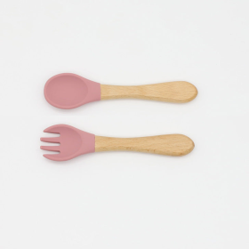 Baby Food Grade Wooden Handles Silicone Spoon Fork Cutlery (Color: Red, size: Average Size (0-8Y))