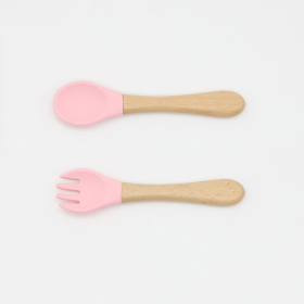 Baby Food Grade Wooden Handles Silicone Spoon Fork Cutlery (Color: Pink, size: Average Size (0-8Y))