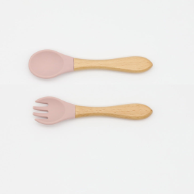 Baby Food Grade Wooden Handles Silicone Spoon Fork Cutlery (Color: Light Pink, size: Average Size (0-8Y))