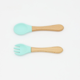 Baby Food Grade Wooden Handles Silicone Spoon Fork Cutlery (Color: Blue, size: Average Size (0-8Y))