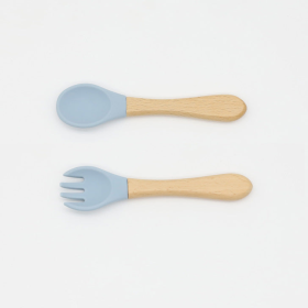 Baby Food Grade Wooden Handles Silicone Spoon Fork Cutlery (Color: Light Blue, size: Average Size (0-8Y))