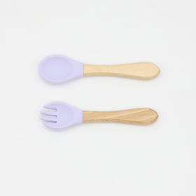 Baby Food Grade Wooden Handles Silicone Spoon Fork Cutlery (Color: Purple, size: Average Size (0-8Y))