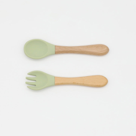 Baby Food Grade Wooden Handles Silicone Spoon Fork Cutlery (Color: Light Green, size: Average Size (0-8Y))