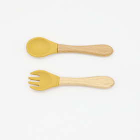 Baby Food Grade Wooden Handles Silicone Spoon Fork Cutlery (Color: Yellow, size: Average Size (0-8Y))