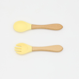 Baby Food Grade Wooden Handles Silicone Spoon Fork Cutlery (Color: Light Yellow, size: Average Size (0-8Y))