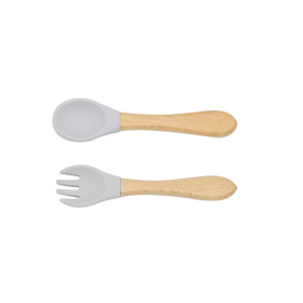 Baby Food Grade Wooden Handles Silicone Spoon Fork Cutlery (Color: Grey, size: Average Size (0-8Y))