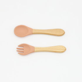 Baby Food Grade Wooden Handles Silicone Spoon Fork Cutlery (Color: orange, size: Average Size (0-8Y))