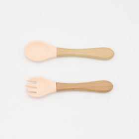 Baby Food Grade Wooden Handles Silicone Spoon Fork Cutlery (Color: beige, size: Average Size (0-8Y))