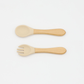 Baby Food Grade Wooden Handles Silicone Spoon Fork Cutlery (Color: Apricot, size: Average Size (0-8Y))