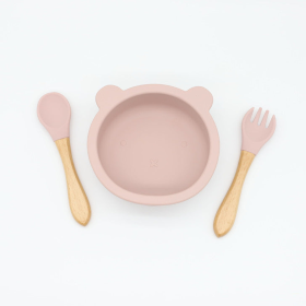 Baby Bear Shape Food Training Silicone Bowl With Spoon Tableware (Color: Light Pink, size: Average Size (0-8Y))