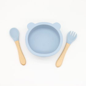 Baby Bear Shape Food Training Silicone Bowl With Spoon Tableware (Color: Blue, size: Average Size (0-8Y))