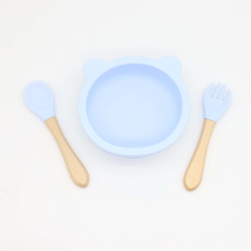 Baby Bear Shape Food Training Silicone Bowl With Spoon Tableware (Color: Light Blue, size: Average Size (0-8Y))