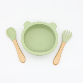 Baby Bear Shape Food Training Silicone Bowl With Spoon Tableware (Color: Light Green, size: Average Size (0-8Y))