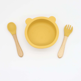 Baby Bear Shape Food Training Silicone Bowl With Spoon Tableware (Color: Yellow, size: Average Size (0-8Y))