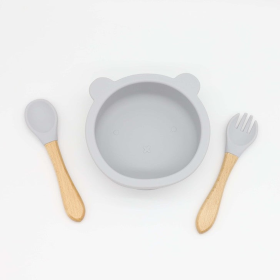 Baby Bear Shape Food Training Silicone Bowl With Spoon Tableware (Color: Grey, size: Average Size (0-8Y))