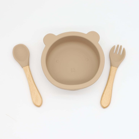 Baby Bear Shape Food Training Silicone Bowl With Spoon Tableware (Color: Khaki, size: Average Size (0-8Y))