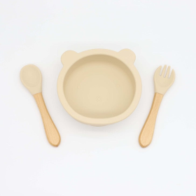 Baby Bear Shape Food Training Silicone Bowl With Spoon Tableware (Color: beige, size: Average Size (0-8Y))